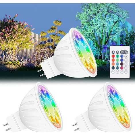MR16 Ampoules LED avec changement de couleur, 12 multicolores 5W 12V, RGB+CCT blanc chaud pour une lumière du jour fraîche, RGB MR16 avec télécommande, équivalent 35 watts, paquet de 3