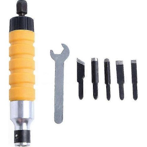Kit d'outils comprenant perceuse électrique, ciseau à bois, couteaux à sculpter, clé et arbre flexible (jaune + argent + noir) (7 pièces) (1/5)