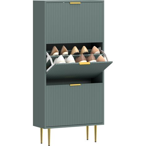 Meuble à chaussures - HOMCOM - 3 tiroirs basculants - étagères réglables - bois - 60x24x120cm - vert foncé (1/5)