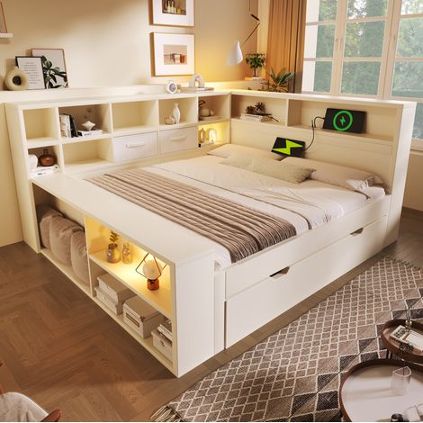 Letto contenitore 244x166x90 cm, con letto estraibile e porte USB e Type C, 8 vani, legno bianco (1/5)
