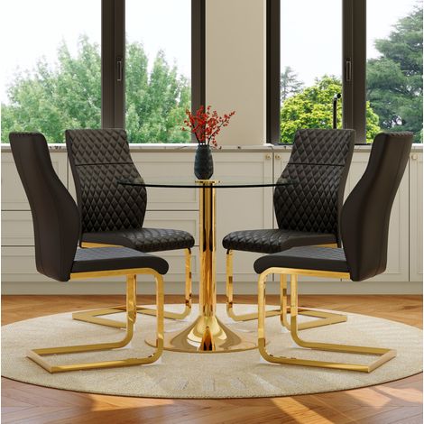 Set tavolo e 4 sedie da pranzo 85x85x76 cm, piano in vetro temperato, sedute ergonomiche, metallo oro, nero e trasparente (1/5)