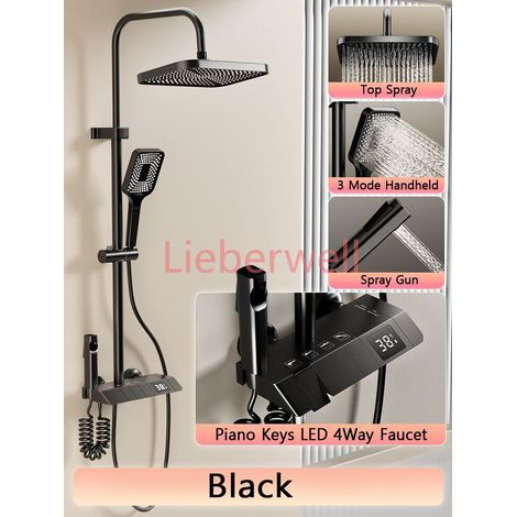 Ensemble complet de système de douche de baignoire, noir, blanc, gris, ensembles de douche numériques à LED sous pression de pluie, chaud et froid Top 1 ensemble de douche 4 voies en cuivre de luxe (1/4)