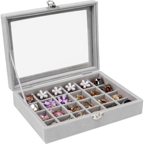Schmuckaufbewahrungsbox mit 24 Fächern, transparentem Deckel, Präsentationsschale für Ringe, Ohrringe und Halsketten, Schmuckkästchen mit Glasfront