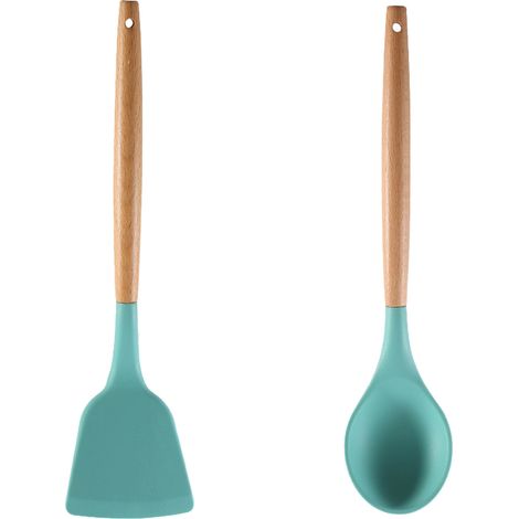 Ustensiles De Cuisine En Silicone - Manche En Bois - Résistance 240°C - Pour Ustensiles Antiadhésifs - Lot De 2 (1/5)