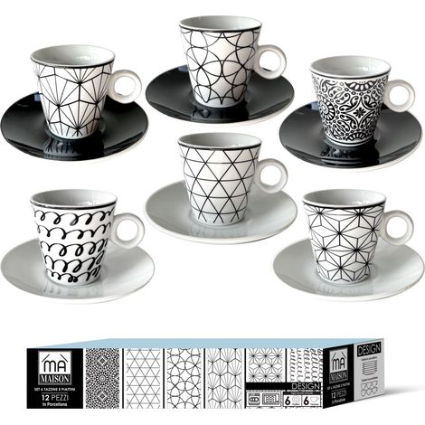 MAURY'S SET 6 TAZZINE CAFFE' DESIGN MODERN CON PIATTINO COLORE NERO E BIANCO