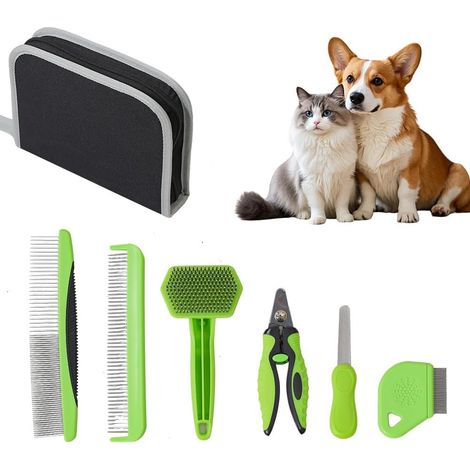 Kit Toilettage 6 en 1 Chat Chien - Brosses Démêlantes Poils Longs et Courts - Coupe-Griffes (1/5)