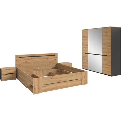 Canu Schlafzimmer-Set Bett 180x200 cm mit Stauraum, 2 Nachttische, 1 Schrank Spiegel grau, Eiche Dekor.