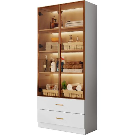 Meuble salle de bain 75cm,bande lumineuse,2 tiroirs,2 portes dont vitrée