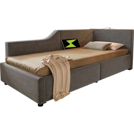 Lit banquette 90x190 cm gain de place avec rangement hydraulique, lampe de lecture et port USB-C, velours gris, structure métal, pour chambre enfant ou ado, CHICFURN (1/5)
