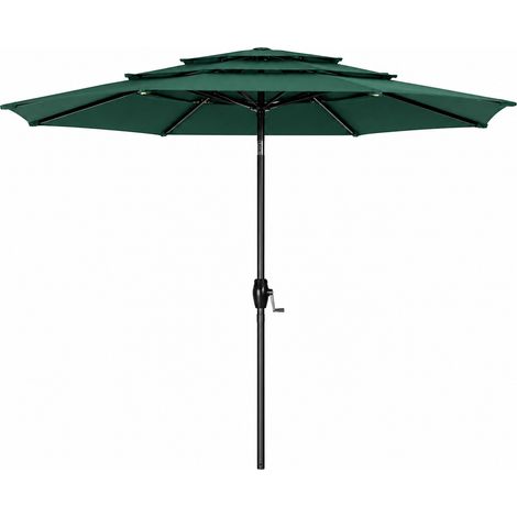 Parasol de jardin 3 m vert foncé avec toit ventilé 3 niveaux, structure aluminium, inclinaison réglable, pied non inclus