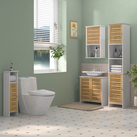 Rangement Meuble sous vasque de salle de bain 2 portes étagère réglable armoire de rangement pour lavabo 60x30x60 cm bambou - blanc