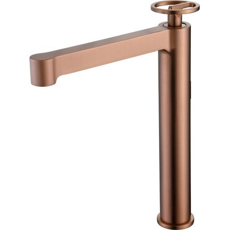 Mice - Grifo alto para lavabo fabricado en latón, Grifo monomando de caño largo - Griferia baño alto Color Oro Rosa Cepillado (1/2)