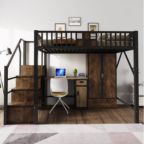 Cama alta 140x200 cm de metal y madera en negro con armario, cajón y escalera de almacenaje (1/5)