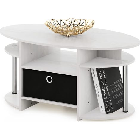 Table Basse Ovale avec Poubelle, Engineered Wood, Chêne Blanc/Acier Inoxydable/Noir, Lot de 1 (1/5)