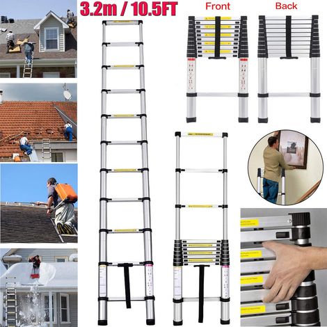 Échelle télescopique en aluminium lourd Escabeau 3.2m/10.5ft Roof Loft Attic Office Climb
