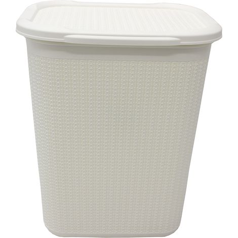 Knit Design Loop Plastic Rectangular Lidded Washing Laundry Basket, Ivory (1/3)