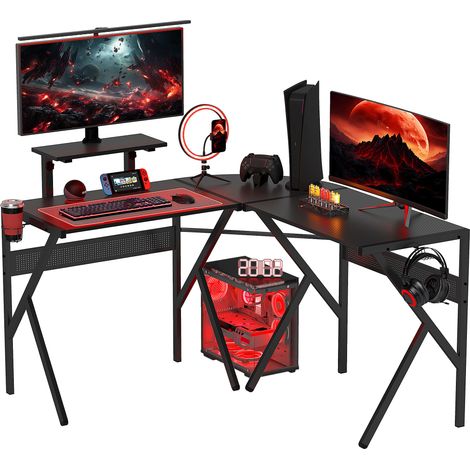Bureau gaming noir – 125x125 cm en L, plateau fibre carbone, support écran, porte-gobelet, crochet casque – Idéal pour gamers (1/5)