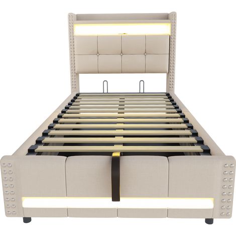 Lit rembourré pour enfant 90x200 cm avec éclairage LED et prise USB, tête de lit avec étagères et espace de rangement, avec vérin hydraulique de rangement, lit simple, tissu lin beige (1/5)