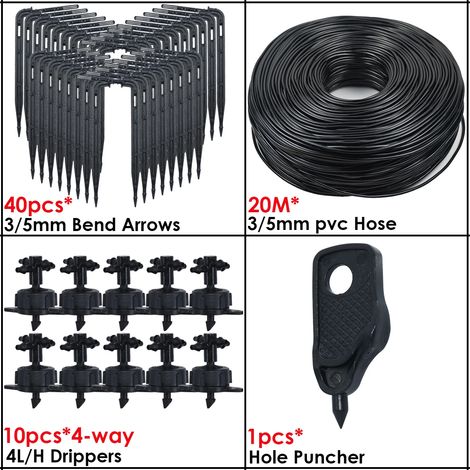(KSL01-KIT176-4L-4WAY) Système d'irrigation goutte à goutte pour serre, 4 voies, 3/5 mm, 2 voies, avec émetteur fléché, pour plantes en pot. (1/4)