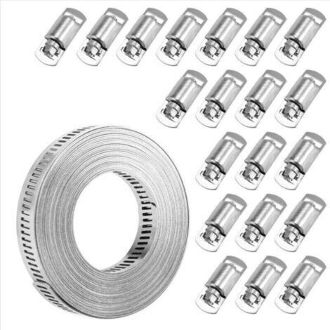 Colliers de serrage 20 pieds, sangle métallique + 20 attaches, bande en acier inoxydable à découper soi-même, réglable, grande vis sans fin