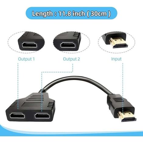 Prise HDMI 1 mâle vers Double HDMI 2 Femelle,Répartiteur HDMI câble Adaptateur convertisseur pour lecteurs de DVD/HDTV/Moniteur LCD et Les projecteurs (1/3)
