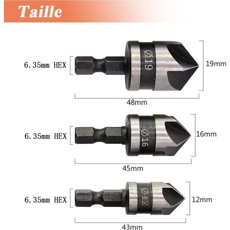 3PCS Fraises à Chanfreiner 90 Degrés 5 Flûte Conique à Noyer 12mm/16mm/19mm 1/4" Hex Foret Fraisage en Acier au Carbone pour Coupe de Chanfreinage de Bois (1/5)