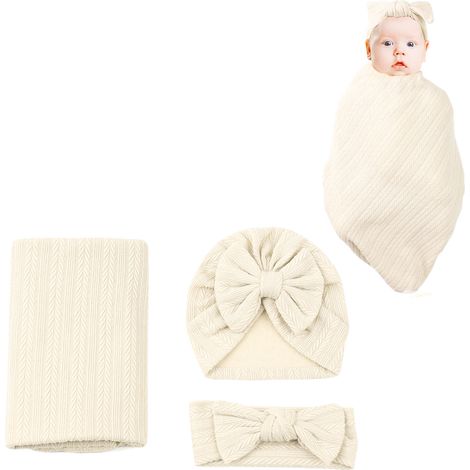Bandeau bébé 3 pièces en coton-polyester texturé, couverture et enveloppe élastique beige pour nouveau-né (1/5)