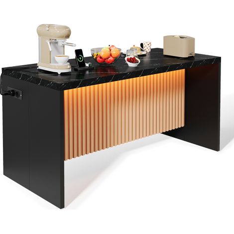Îlot de Cuisine avec LED, 2 Prises et 2 Ports USB, Plan de Travail en MDF Noir Effet Marbre, 155 x 80 x 90 cm (1/5)