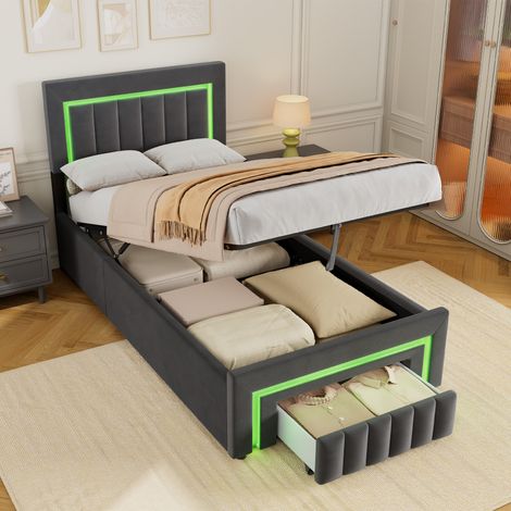 REDOM Letto singolo 90x190 cm con illuminazione LED, letto con cassetti e ruote, struttura letto con ampio spazio di archiviazione, grigio (senza materasso)
