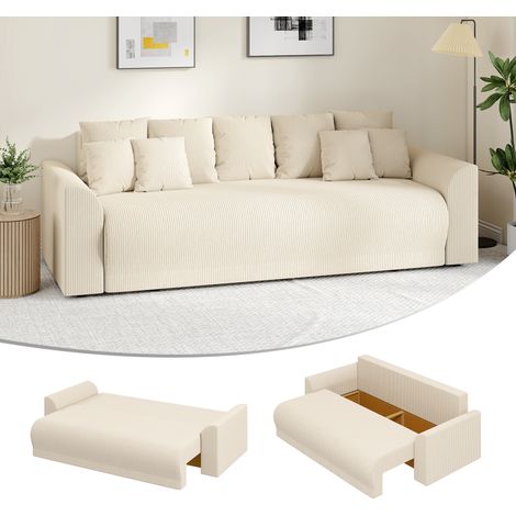 Canapé Convertible 3 Places en Velours Côtelé Beige avec Coffre de Rangement 230 cm - PANGIVO (1/5)