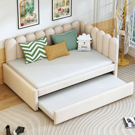 Letto a castello 140x200 cm / 90x190 cm, letto matrimoniale con rete a doghe in legno e testiera in velluto a fiori - Beige