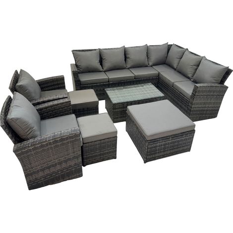Fimous Rattan Garden Outdoor Furniture Set 11 Seater Garden Sofa Coffee Table Set with Chair 3 Footstools Dark Grey Mixed (1/5)