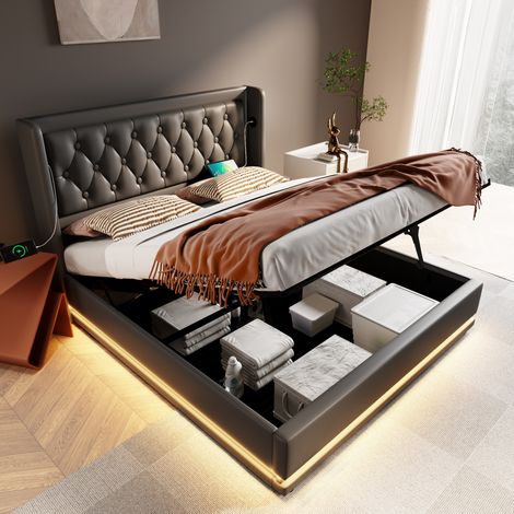 Letto matrimoniale 180x200 cm in PU nero con contenitore idraulico, LED a 3 lati e USB Type-C (1/5)
