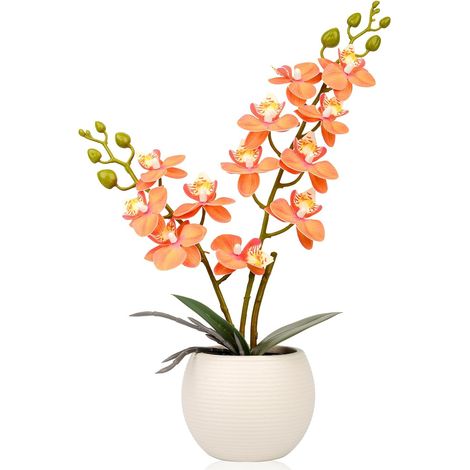 Orchidée artificielle avec fleurs orange dans un pot blanc, Orchidée Faux-Phalaenopsis au toucher réel pour la décoration de mariages, maison, bureau et fêtes (1/5)