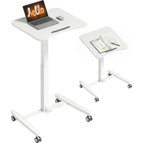 Bureau debout réglable en hauteur avec plateau inclinable et roulettes blanches, idéal pour un espace de travail ergonomique. (1/5)