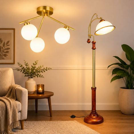 Set di illuminazione per soggiorno in stile Mid-Century (2 pezzi) - Lampada da soffitto Sputnik a 3 bracci e lampada da terra Art Nouveau (1/5)
