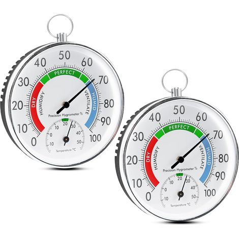 Juego de 2 termómetros/higrómetros: 10 cm, analógicos, inalámbricos, de pared, con argolla para colgar, termohigrómetro para uso interior y exterior, hogares, invernaderos, jardines (A) (1/5)