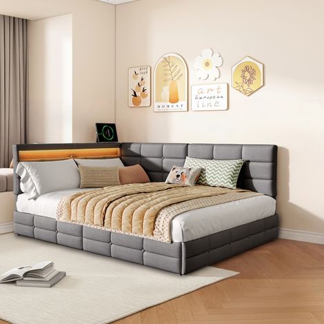 lit 140 x 190cm avec tiroirs, Sommier à Lattes, LED réglable, Chargement USB, Lit Capitonné avec Tête de Lit, Gris, lin