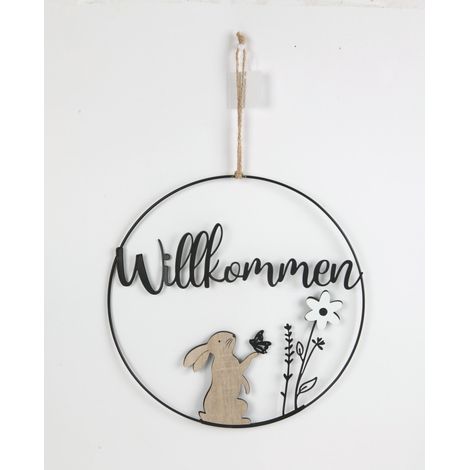 TrendLine Aufhänger Metall mit Niete Ostern Willkommen Ø 30 cm schwarz-weiß Osterkranz