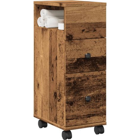 Badschrank Schmal mit Rollen Altholz-Optik Holzwerkstoff