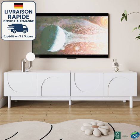 MODFU-Mueble TV de salón con 4 puertas, mueble bajo con patas de apoyo, 169×34×45,5cm, MDF, blanco (1/5)