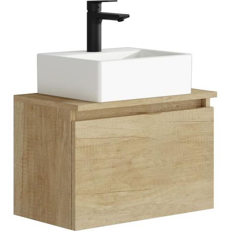 Ensemble de Meuble de Salle de Bain Petit Meuble avec lavabo en céramique Meuble Suspendu au Mur Option avec Miroir et Applique LED Meuble monté Sin Miroir Nature (1/5)