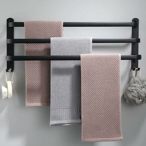 Porte-Serviettes Mural en Aluminium - 3 Étages - Avec Crochets - 60 cm - Étanche - Noir - Pour Salle de Bain, Cuisine, Salle de Bain (1/4)