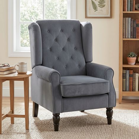 Fauteuil à oreilles, fauteuil de relaxation, fauteuil de jardin, style vintage, coutures boutonnées, pieds tournés, 74 cm x 86 cm x 102 cm, gris (1/5)
