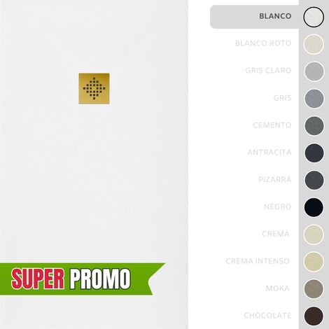 SOULBATH Plato de Ducha - Resina - Gel Coat - Textura Liso/Piedra - Antideslizante - Color Blanco - 160x100- Extraplano 3cm. Incluye Válvula desagüe y Rejilla - REJILLA DORADA (1/5)