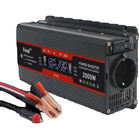 Inversor de potencia, onda sinusoidal modificada, dos puertos USB, 2000 W, color negro. (1/2)