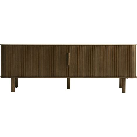 Meuble TV aux portes coulissantes en bois strié L160cm - Bois foncé - CALLAN (1/5)