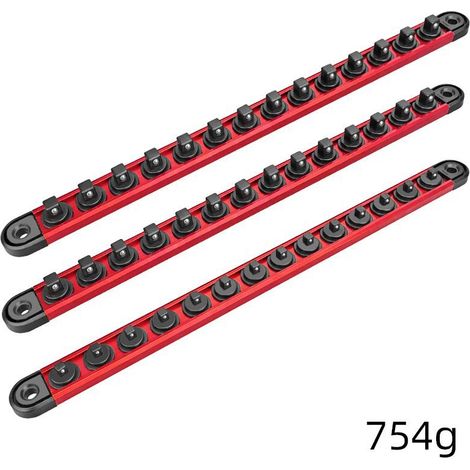 Kit organizador de vasos de aluminio para riel, juego de 3, bandejas para vasos SAE métricos de 1/4", 3/8", 1/2", con clips giratorios de 360° para caja de herramientas, capacidad para 40 vasos, rojo 