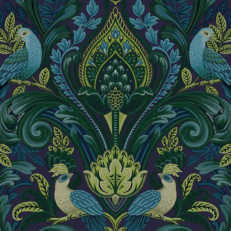 Grandeco Arcadia Green Wallpaper Birds Leaves Naturistic Textured Paste The Wall (1/4)