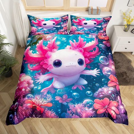 Parure de lit avec housse de couette 135 x 200 cm, motif océan, axolotl, kawaii, pour enfants, garçons et filles, motif animal, récif corallien, couverture sous-marine, faune (1/5)